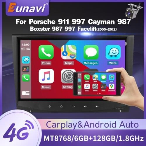 Eunavi 2 DIN Android10 Car Media Radio GPS Carplay For Porsche 911 997 Cayman 987 Boxster 987 997 Facelift 2005-2012 8"1280*720P