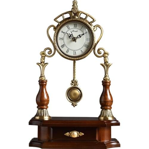 European Luxury Solid Wood With Copper Base Clock Creative Retro Sitting Clock Living Room Home Fashion Simple Watch Desk Clock
