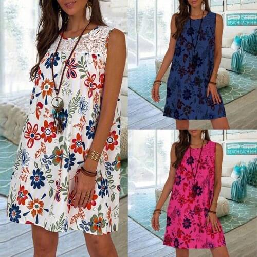 Summer Lace Vintage Printed Dresses Women Loose O-Neck Sleeveless Floral Mini Dress Ladies Casual Beach Sundress Vestidos S-5XL