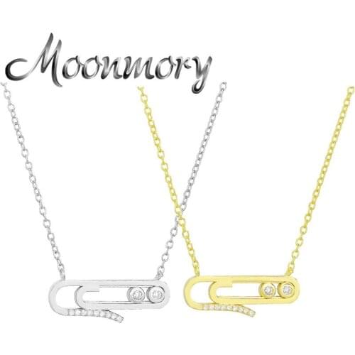 Moonmory 925 Sterling Silver Move Zircon Pendant Long Chain Necklace For Women 18k Gold Crystal Pin Shape Dangle Collar Jewelry