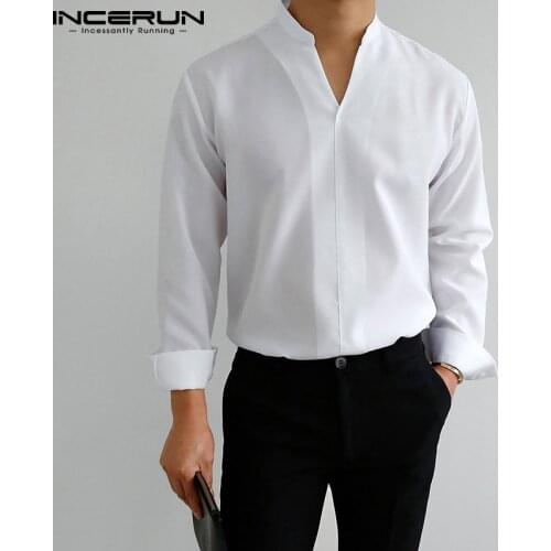 Men Casual Shirt Brand Solid Color V Neck Long Sleeve Streetwear Tops Loose 2021 Fashion Leisure Camisa Masculina S-3XL INCERUN