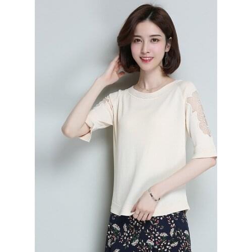 Summer New Womens T-shirt Lace Stitching Knitted Top Wear Ladies Short Sleeve Round Collar Thin Bottoming Loose T-shirts H9316