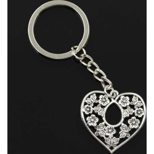 New Fashion Men 30mm Keychain DIY Metal Holder Chain Vintage Heart Flower 30x30mm Silver Color Pendant Gift