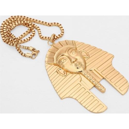 Newest Gold Color Metal Egyptian Pharaoh Head Face Pendant Necklace Men Women Design Hip Hop Style Long Chain Necklace Jewelry