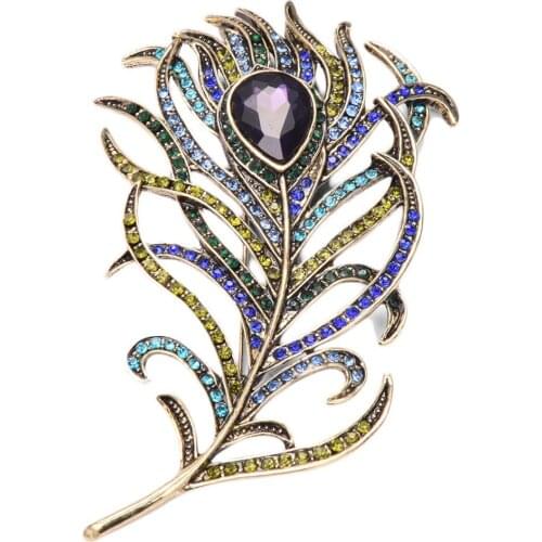New Vintage Large Rhinestone Peacock Feather Brooches For Women Pins Crystal Bouquet Jewelery Broach Gift