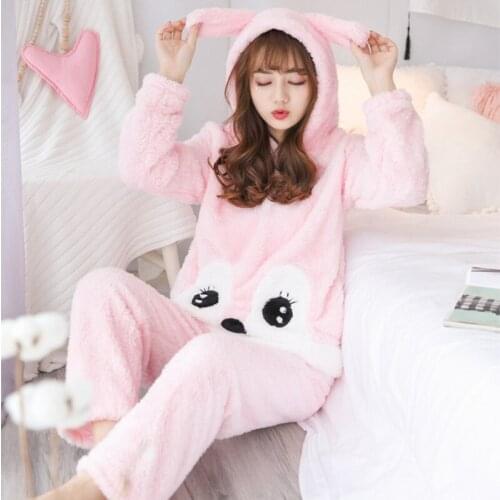 New Winter Cartoon Rabbit Pyjama Set Sleepwear Girls Hooded Warm Velvet Pajamas For Women Home Clothing Pijama Feminino Outfits