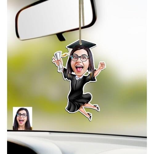 Personalized Women 'S Graduated Caricature Of Wood Car Rearview Mirror ornament