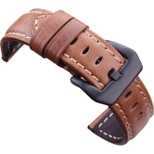 Genuine Leather Watchbands 20mm 22mm 24mm Dark Brown Vintage Watch Strap With Silver Black Stainless Steel Buckle