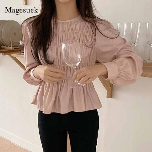 Puff Long Sleeve Pleated Womens Shirts Tops 2021 Spring Office Lady Chiffon Shirt Women O-Neck Slim Woman Blouse Blusas 11020