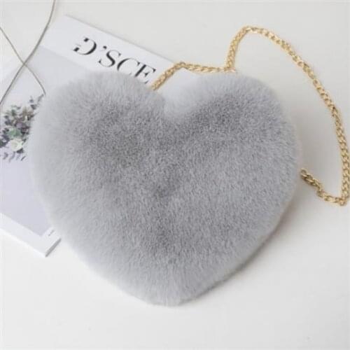 Gray Lady Faux Fur Women Bag Winter Chains Heart Shaped Girls Princess Trendy Furry Plush Crossbody Casual Soft Ins Women Bags