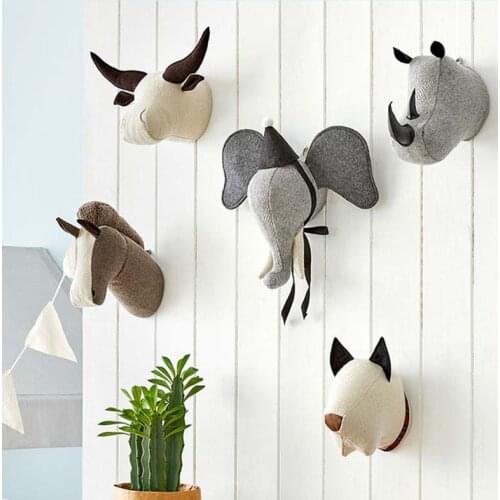 Elephant Dog Horse Rhino Buffalo Head Wall Mount Artwork Decor Plush Doll Toy Animal Head Wall Decor for Kids Room Birthday Gift