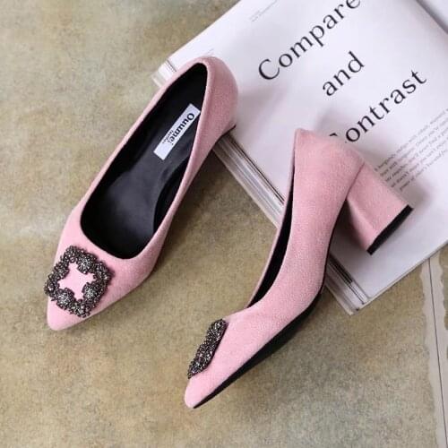 Wedding Shoes Pointed Toe Rhinestone Buckle Single Shoes Party Pumps Fashion Sexy Was Thin Square Heel High Heels 6 Cm U14-74
