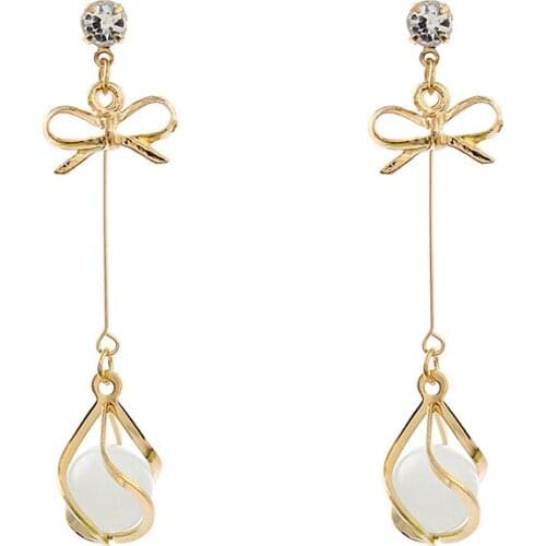 Opal Stone Dangle Earrings for Women Long Crystal Hollow Bowknot Earrings Fashion Sattement Trendy Wedding Jewelry