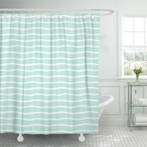 Wavy Stripes Thin Uneven Waves Pattern Striped Abstract Cute Streaks White Bars on Mint Green Shower Curtains Waterproof