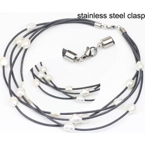 Pearl Leather Necklace,White Color AA 9-10MM New Fashion Real Freshwater Pearl Leather Jewelry,Four Rows,Best Gift