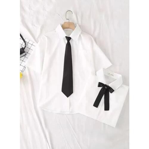 JMPRS Summer Women White Shirt Short Sleeve School JK Preppy Style Japan Girls Tops Harajuku Necktie Ladies Blouse New 2021