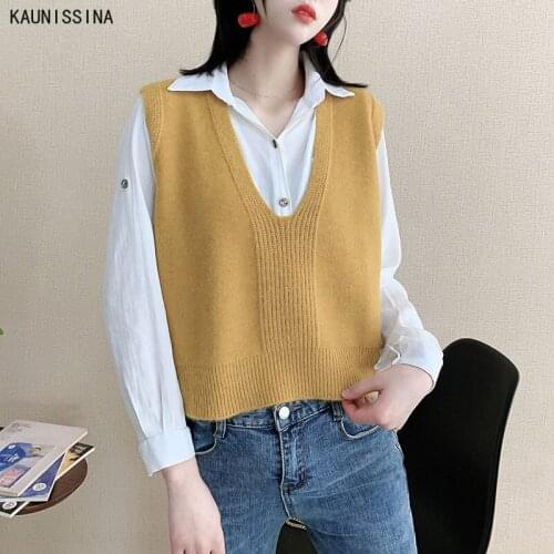 Women Fashion Casual Tank Tops Pullover Sweater Vests Spring Autumn Student Girls Korean Style Sleeveless V-Neck Knitted Vest