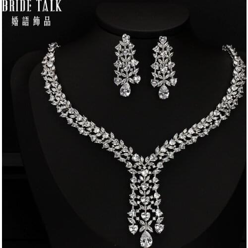 Bride Talk New Arrival 2 PCS Luxury Cubic Zircon Flower Jewelry Set Nigeria Bridal Fashion Dubai Wedding Women Necklace Earrings