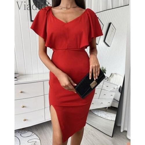 Women Elegant Solid Color Ruffles Slit V-Neck Casual Dress