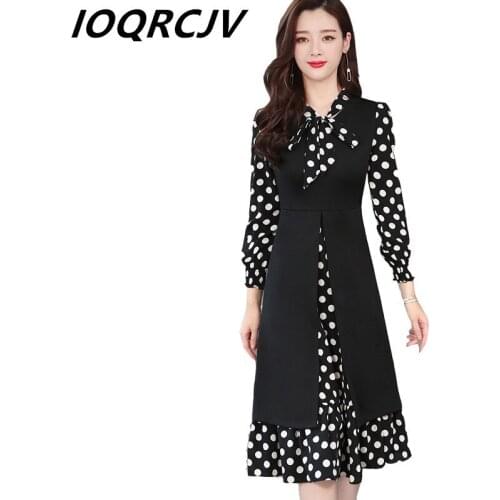 New Women Polka Dot Dress Autumn Winter Fashion Fake Two Piece Bow Tie Long Dress Female Party Elegant Dress Vestido Plus Size