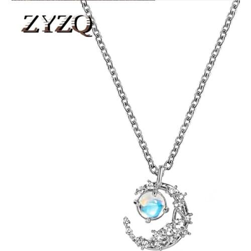 ZYZQ Fashion Moon Pendant Imitation Opal Silver Color Necklace Women Party Birthday Gift Trendy Jewelry Dropshipping