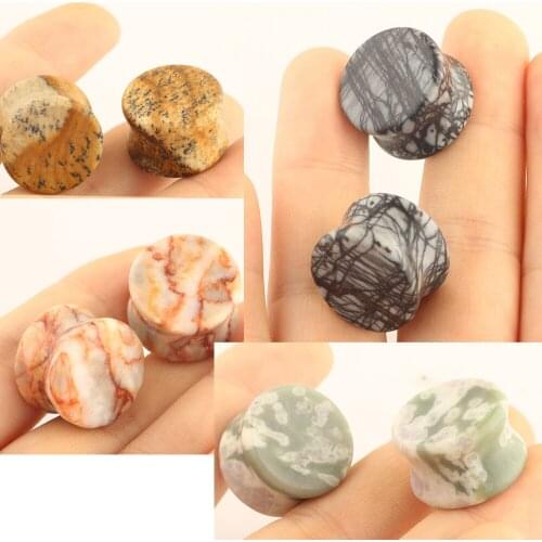 TIANCIFBYJS Nature Stone Ear Plugs 2pcs Set Ear Tunnels Gauges Double Flared Earring Expander Stretcher Body Jewelry Piercing