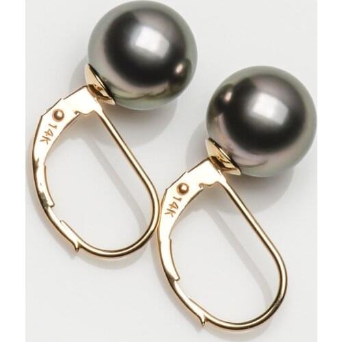 8.9-9mm Green Purple Genuine Tahitian Pearl Leverback Earrings 14k Yellow Gold