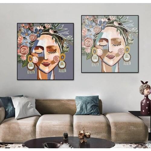 Abstract Girl With Flower Headdress Painting Nordic Canvas Posters and Prints Modern Wall Art For Living Room Home Decoration