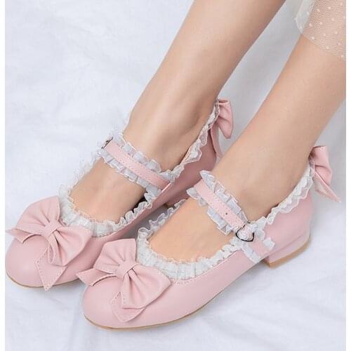 Black Lolita Shoes Bow Mary Jane Flats Shoes for Women Cute Flat Shoes Ballerina Woman Pink Cosplay Big Size 42 43 44 45 46