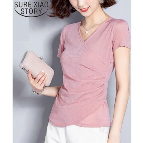 Fashion Summer Blouses 2020 Solid Short Sleeve Women Blouse V-neck slim Office Ladys Tops Plus Size Blouse Women Shirts 4855 50