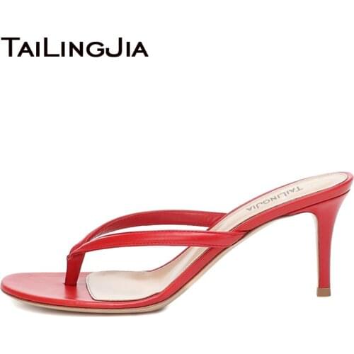 Thong Sandals Women Mules Stylish Womens Heeled Flip Flops High Heels Slippers Ladies Red Black Silver PU Leather Summer Shoes