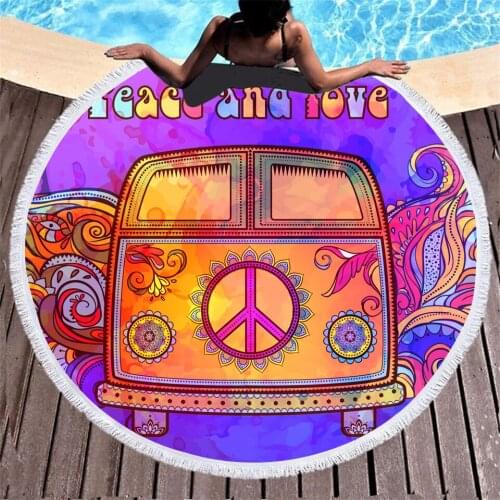 Color and Peace Car Digital Printed Microfiber Bath Towel 150cm Round Sports Camping Swimming Beach Towels with Tassels