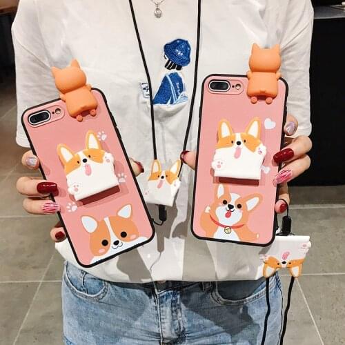 For iPhone 11 Pro Max Xs Max Xs XR 6 7 8Plus Case Corgi Soft TPU Cover Phone Strap Rope Case