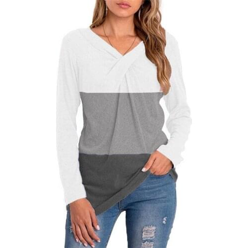 Patchwork T-Shirt Women Long Sleeve Tops Spring Autumn Clothes Female V-Neck Striped Stitching Contrast Color Casual Pullover