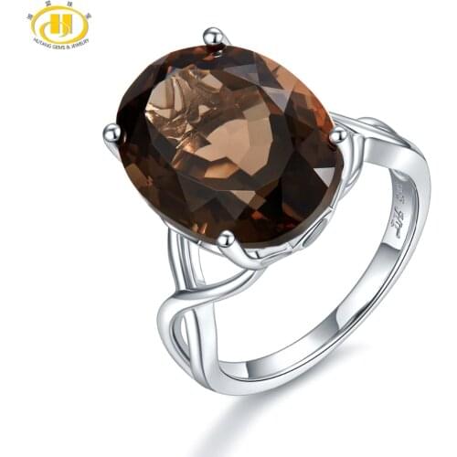 Hutang 9.45ct Gemstone Engagement Ring Solid 925 Sterling Silver Rings Natural Smoky Quartz Fine Elegant Jewelry for Women Gift