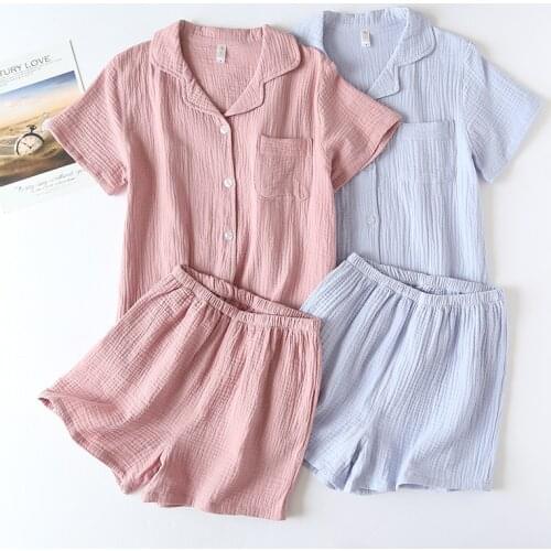 New spring and summer couple pajamas short-sleeved shorts two-piece 100% cotton crepe men and women plus size home service set