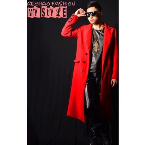 Red blazer men woolen suits designs jacket mens long coat stage costumes for singers clothes dance star style dress punk rock