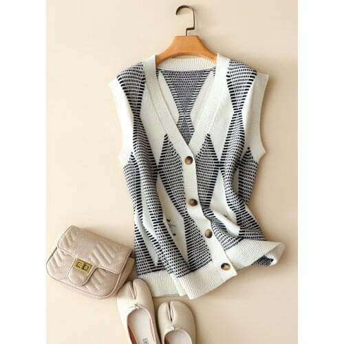 Autumn winter england styles cashmere wool rhomb v neck vest women fashion buttons cardigan