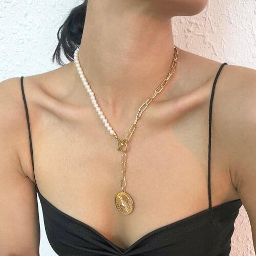 Lalynnly Retro Fashion Coin Disc Necklaces Luxury For Women Bohemian Imitation Round Pearl Necklace Choker Neck Jewelry N8629