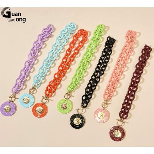 GuanLong Coin Shape Acrylic Resin Necklaces For Women 2021 Fashion Jewelry Chain Round Pendant Long Necklace New Jewelry Gift