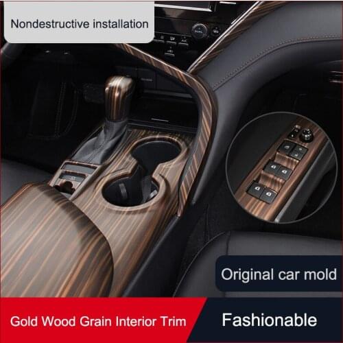 QHCP Car Steering Wheel Sequin Inner Door Bowl Sticker Frame Cover Trims Window A Pillars Golden Wood For Toyota Camry 18 19 20