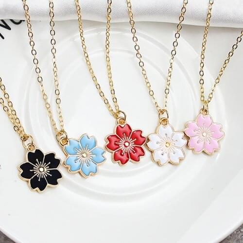 Romantic Cherry Blossom Sakura Pendant Necklace Black Pink White Blue Red 5 colors Cherry Flower Necklace Jewelry for Women Gift