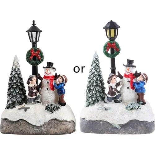 Christmas Village Scene Xmas Tree Snowman Resin Ornament with LED Light Animated Street Lamp Miniature Statue Decoration
