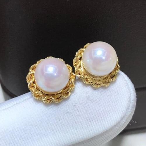 D417 Pearl Earrings Fine Jewelry Solid 18K Yellow Gold Natural 7-8mm Round Fresh Water Pinkish White Pearls Stud Earrings