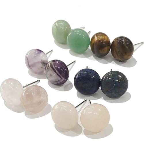 10mm Natural Stone Earrings Crystal Quartz Round Ball Beads Silver Simple Fashion Earrings Girls' Lapis Lazuli Earrings 1Pair