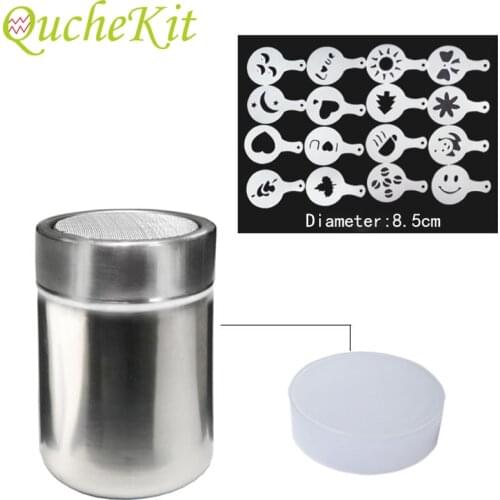 Flour Salt Sifter Sugar Condiment Bottle Containers Chocolate Powder Shaker+16Pcs Coffee Stencils Template Duster Spray Coffee