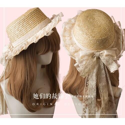 Handmade Bow Straw Hat Womens Summer Sun Hat Lolita Mori Womens Series