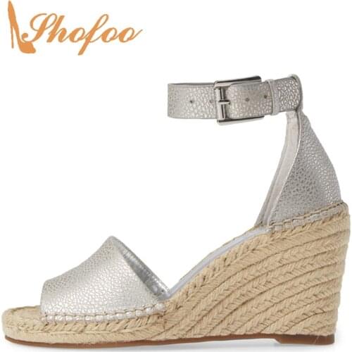 Sliver Ankle Strap High Wedges Heels Buckle Espadrilles Platform Sandals Woman Large Size 11 15 Lady Casual Shoes Fashion Shofoo