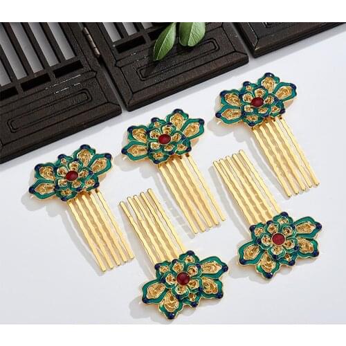 Chinese Hanfu Hair Comb Traditional Classical Style Hairpin Cloisonne Elegant Wedding Blue Green Lotus Hair Accessories