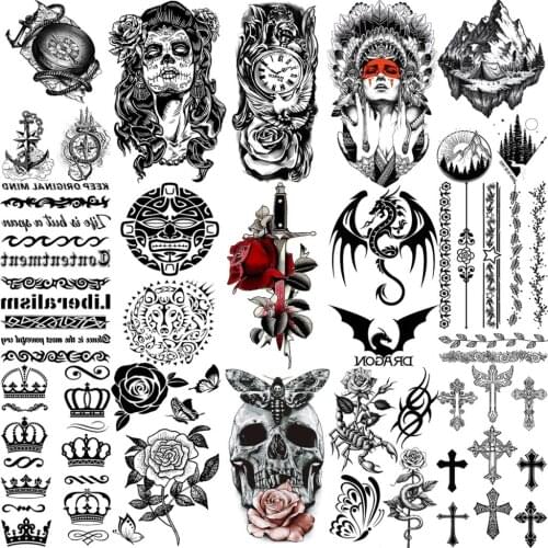 3D Rose Flower Sword Temporary Tattoos For Women Men Kids Mountain Skull Crown Cross Compass Fake Tattoo Small Skeleton Tatoos